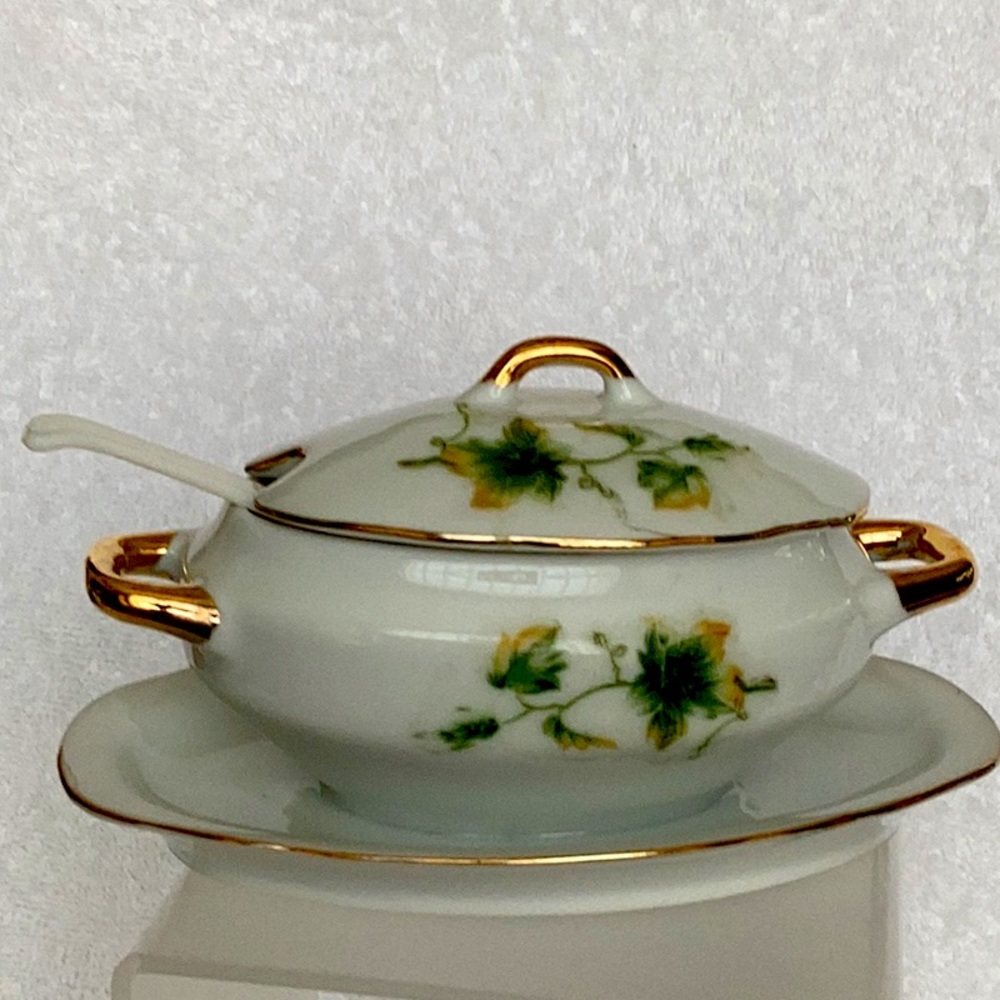Vintage Royal Crown Condiment Server with Spoon .Marked 1446. White /Green/Gold